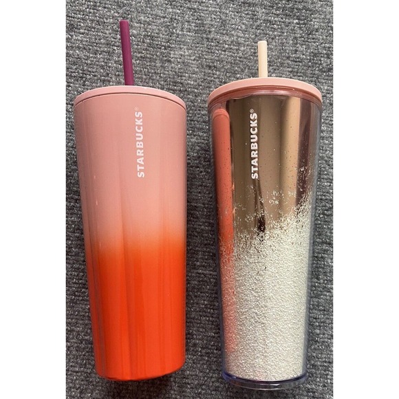 Two Starbucks Tumblers Holiday‎ Snow Rose Gold Glitter & Ombré 24 Oz Lid Straw - Picture 1 of 11